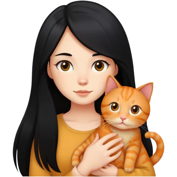 girl with long black hair holding a ginger cat emoji