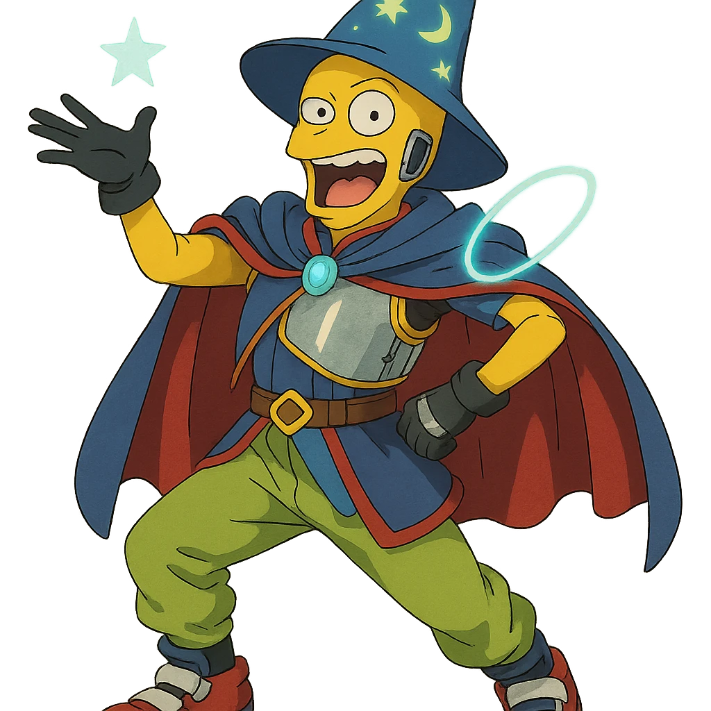 yellow guy showing off his fabulous outfit, with magical glowing accessories, outfit combines prince, alien, terminator, skater, skiier, and wizard, making a weird face, stylish and fabulous, ghibli style emoji