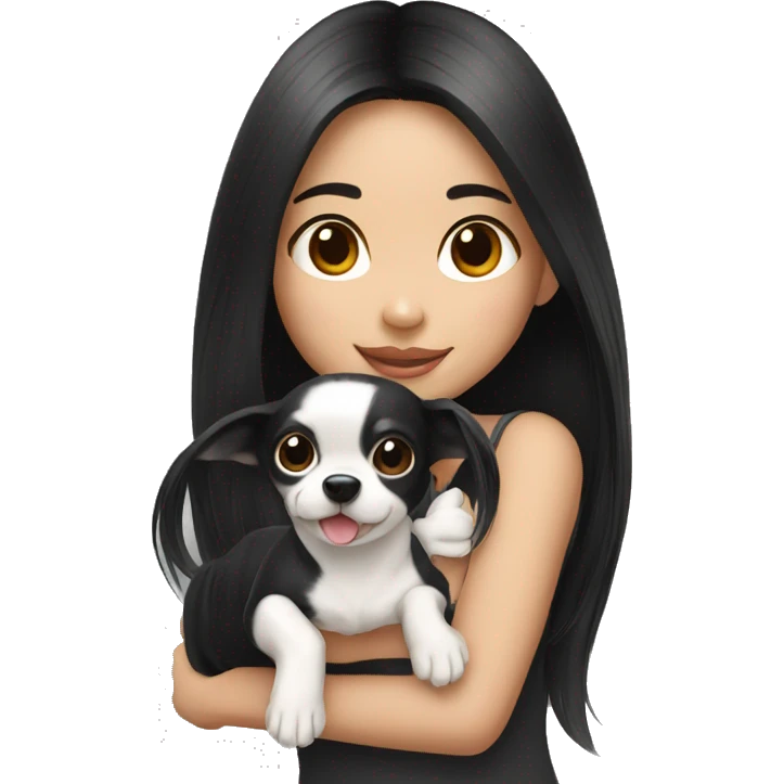 long black hair Thai girl with Chihuahua black and white. emoji