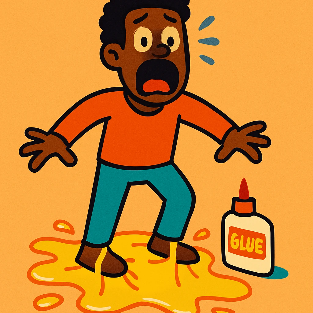 a black man with a shocked face, mouth wide open, standing above a sticky puddle of glue emoji