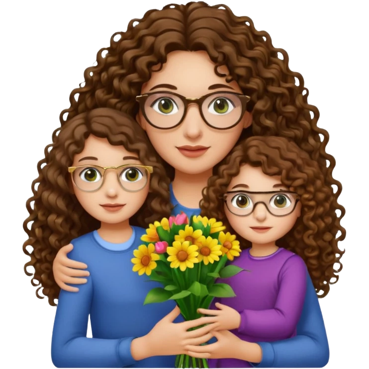 light skinned brunette long curly haired woman with green/hazel eyes framed with large round gold rimmed glasses holding big bright bunch of flowers with one hand and young kindergarten age daughter's hand (also with long brown curly hair) in other. White background. emoji