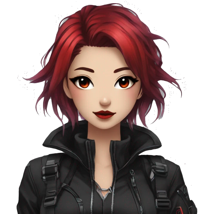 Gorgeous techwear anime style lady with blushing face aesthetic and pretty edgy black red punk hair with hair garment and collar  and harness trending style emoji