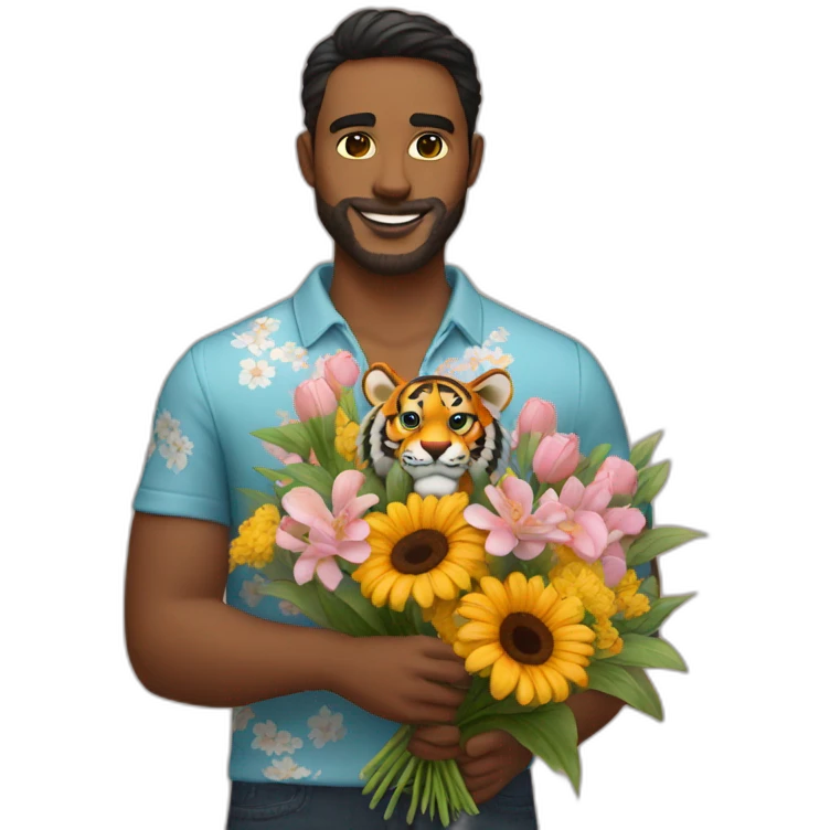 Tiger-man-with-a-Napoli-shirt-and-a-flowers-bouquet-in-his-hands emoji