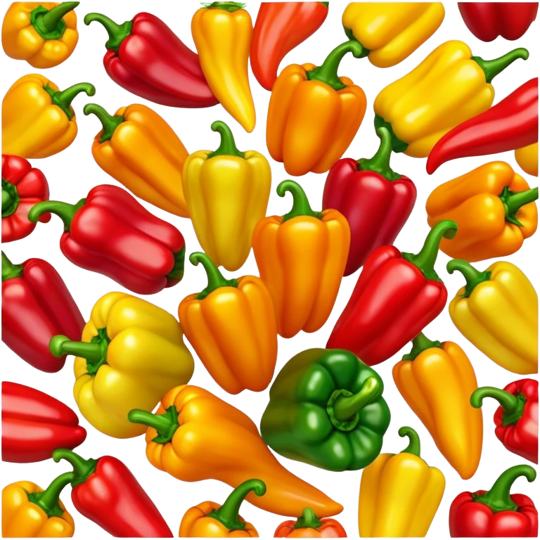 Cinematic bright colorful peppers, glossy and fresh, arranged in a vibrant mix of red, yellow, and green, warm glowing background, fresh and lively. emoji