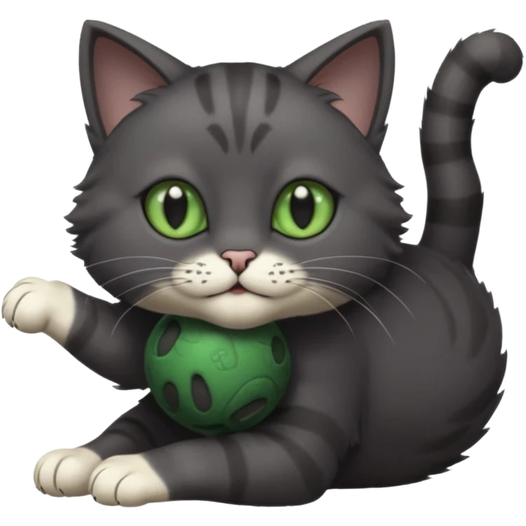 solid dark grey cat with green eyes, completely solid grey face, white toes/paws playing rolling upside down emoji