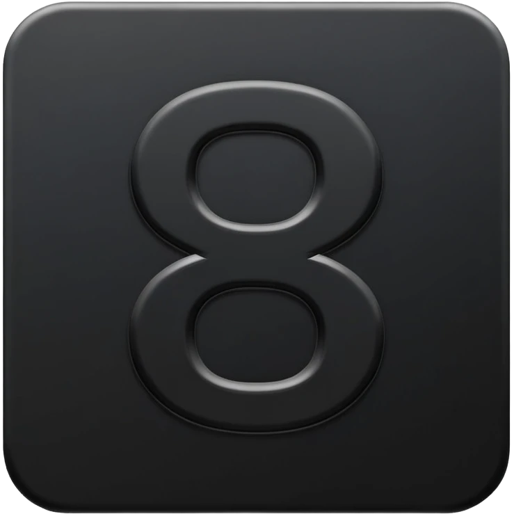 Minimal emoji, number 8 made of solid matte black metal, thick symmetrical form, subtle metal texture, deep shadows, no glow, no neon, flat emoji design, centered, transparent background emoji