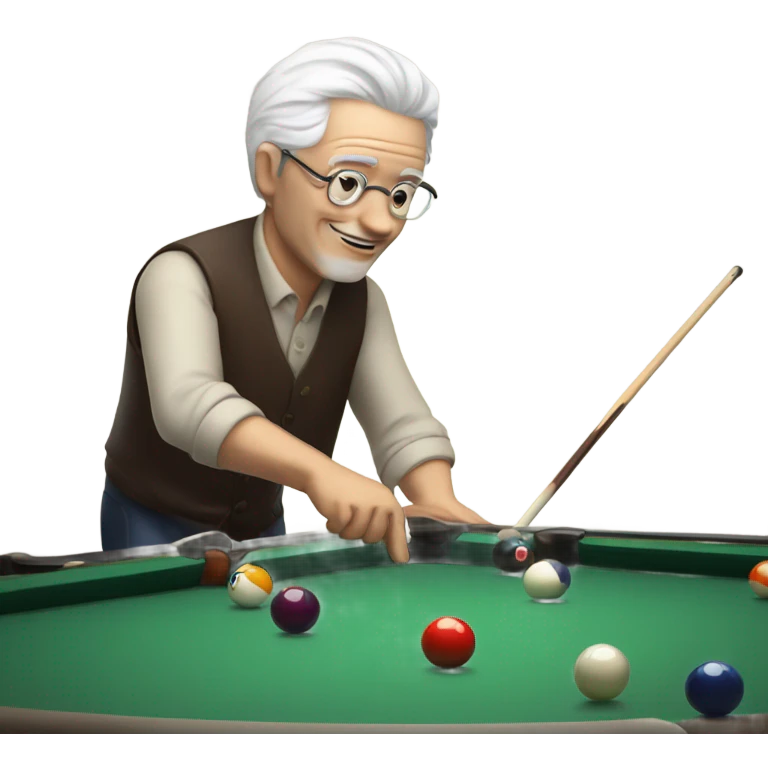 Older man with white hair playing pool with cue while drinking wine emoji