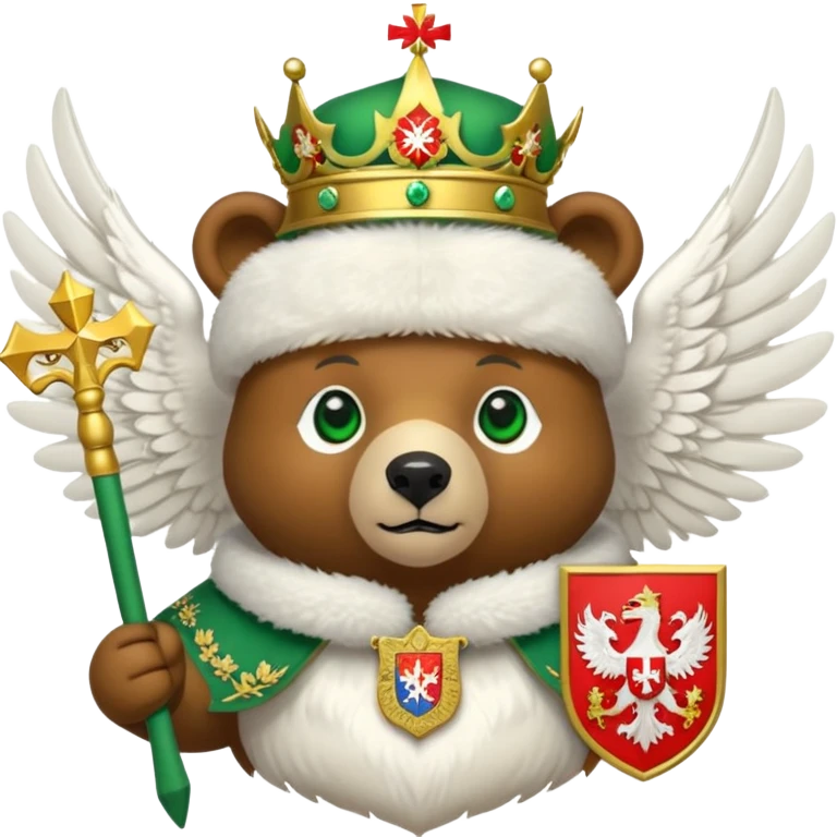 Cute brown bear head with green eyes, wearing white fur ushanka hat with Russian coat of arms: golden double-headed eagle with spread wings, three crowns connected by ribbon, scepter in right claw, orb in left claw, red shield on chest with St. George slaying dragon, iOS emoji style emoji