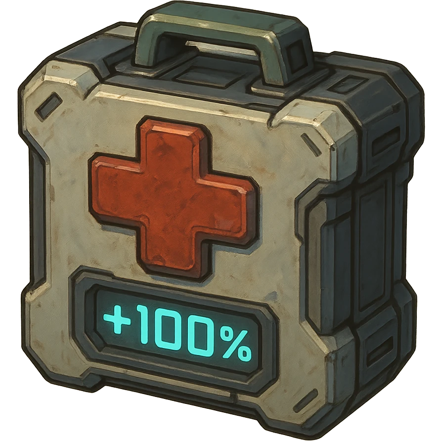 the image is the icon for a videogame pick up item, it is a medkit, medic kit, %100, fututistic cyberpunk, style of: "HALO:  Reach" , quake, Marathon emoji