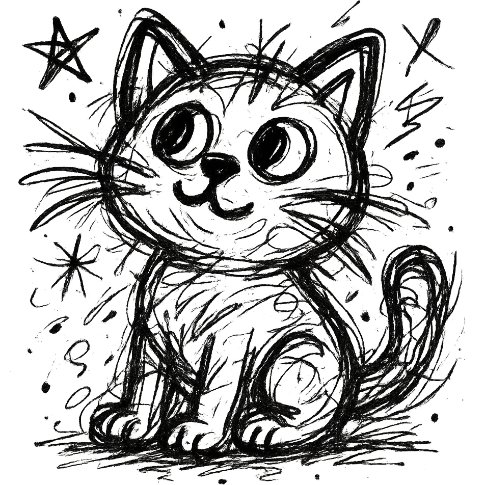 chaotic outlined icon of a cute kitten sitting and looking up, with wild scribbled lines emoji