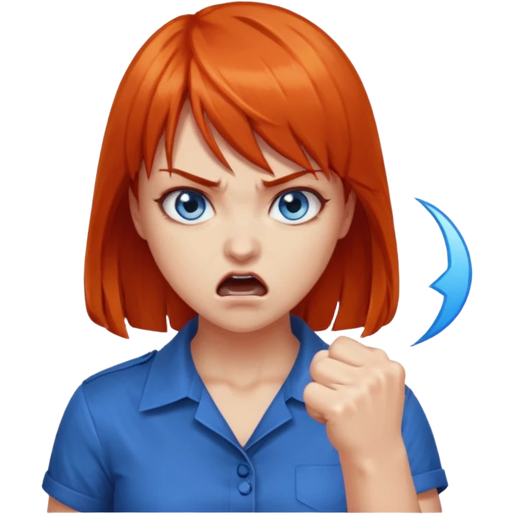 A woman with dark orange hair and bangs, blue eyes, an asmr streamer, angry, clenching his fist emoji