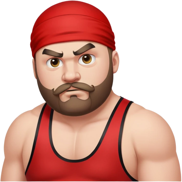 Close-up of extremely fat white skin guy with young face, beard and mustache, no muscle with prominent black durag, black eyes in a red and black wrestling singlet with angry face emoji