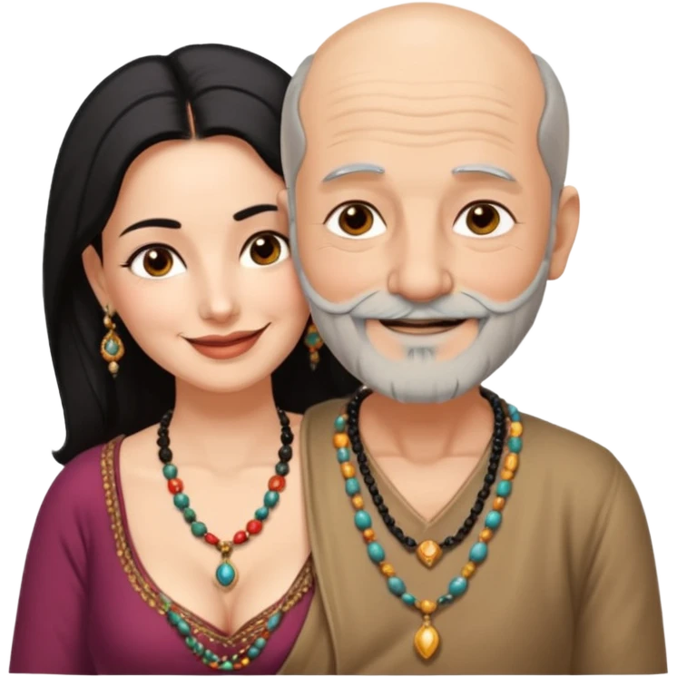 I want an old man with balding and grey beard  wearing no jewelery and a woman in her 40s with dark black hair parted in indian woman style wearing a beads chain  with the cleavage of the woman visible in a passionate embrace, both must be blissfully smiling emoji