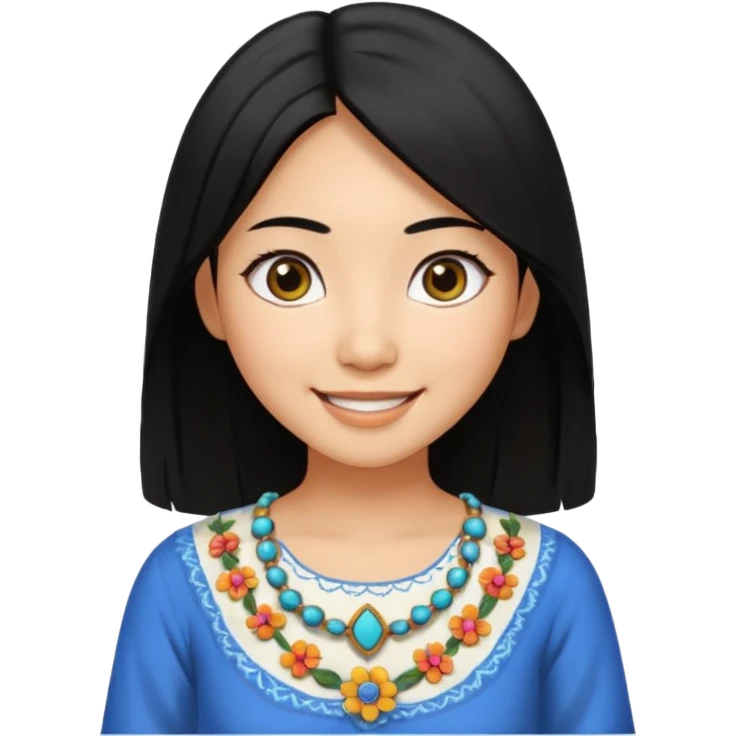 30 yr old asian woman center parted hair big eyes big smile tanned skin straight black hair hippie part hair white blouse emoji