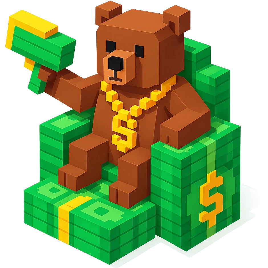brown Russian grizzly bear with a rapper chain and a money gun, sitting on a throne of cash emoji