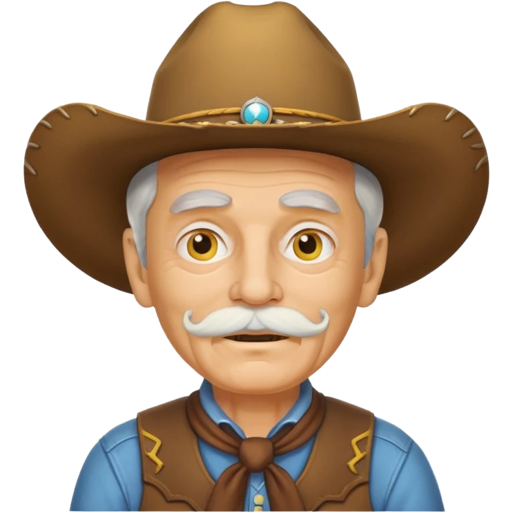elderly cowboy with white mustache skateboarding, yellow face, playful, classic western attire, android emoji style emoji