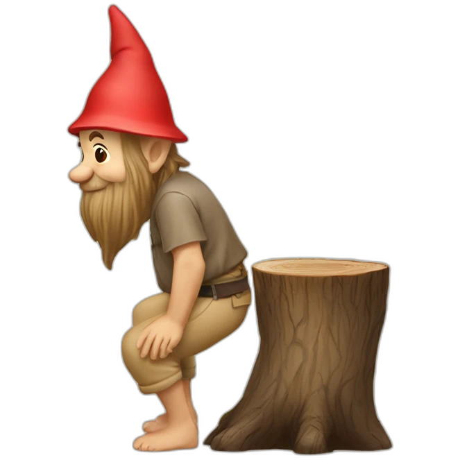 side view of gnome with light tan pants squatting on top of small brown log emoji