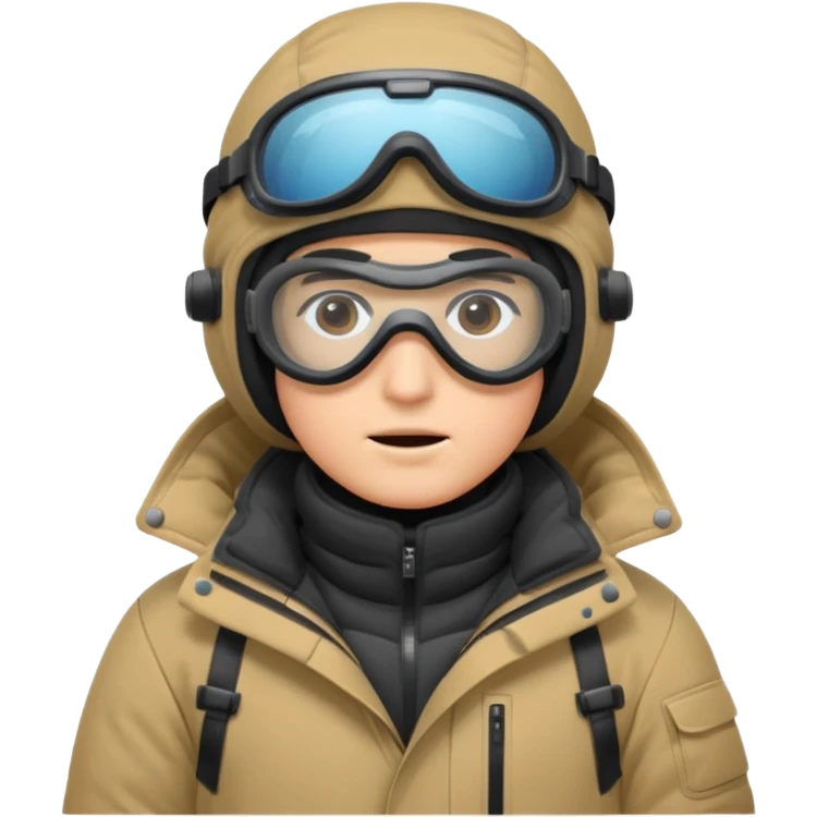 scientist bundled up in extreme cold weather gear, with goggles, thick parka, gloves, and snow boots, only face partially visible, standing in snow emoji