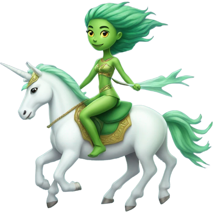 a green amazon alien woman on a white unicorn no woke emoji