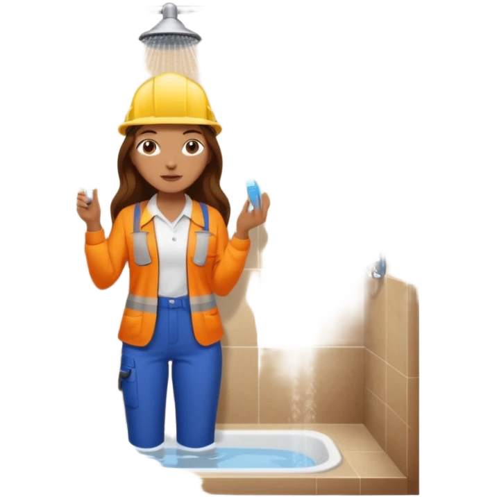 beautiful girl with long brown hair constructing new bathroom area with new shower and amenities  emoji