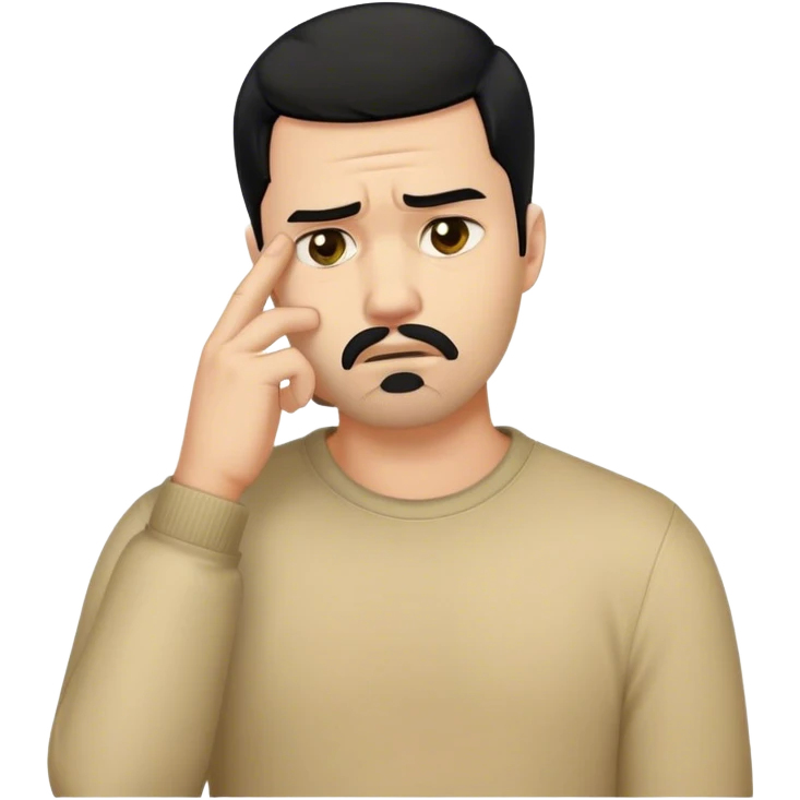 Facepalm emoji with disappointed expression, trimmed beard, medium-length black hair, short sides, hair forward emoji