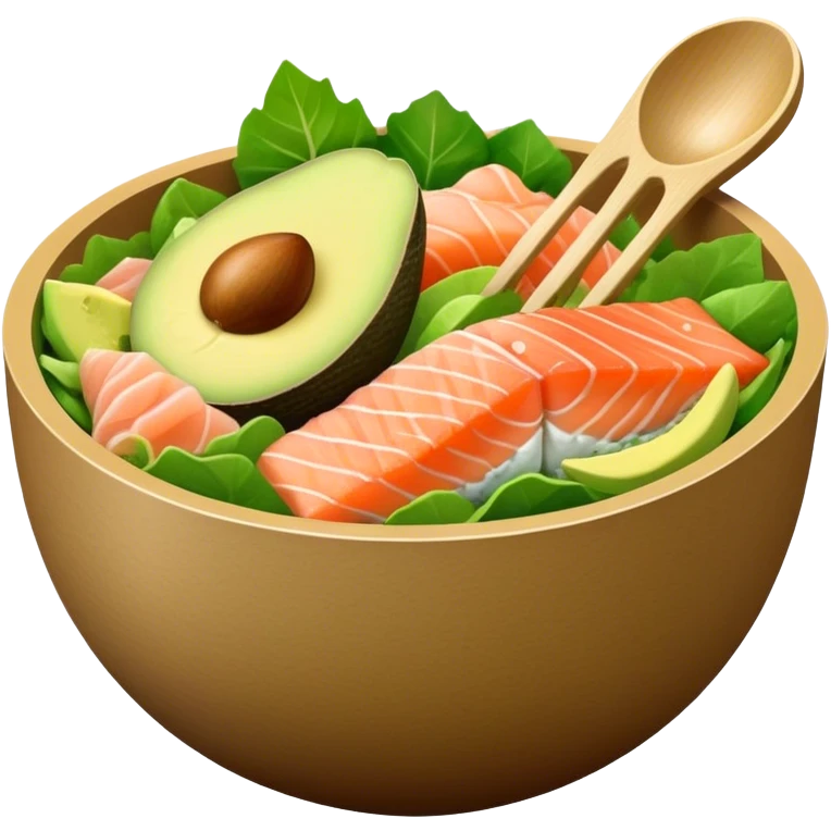 a brown carton bowl full of green salad, salmon sashimi and an avocado scoop on top emoji