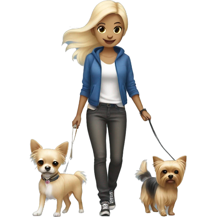 blonde hair blue eyed girl walking her chihuahua and yorkie emoji