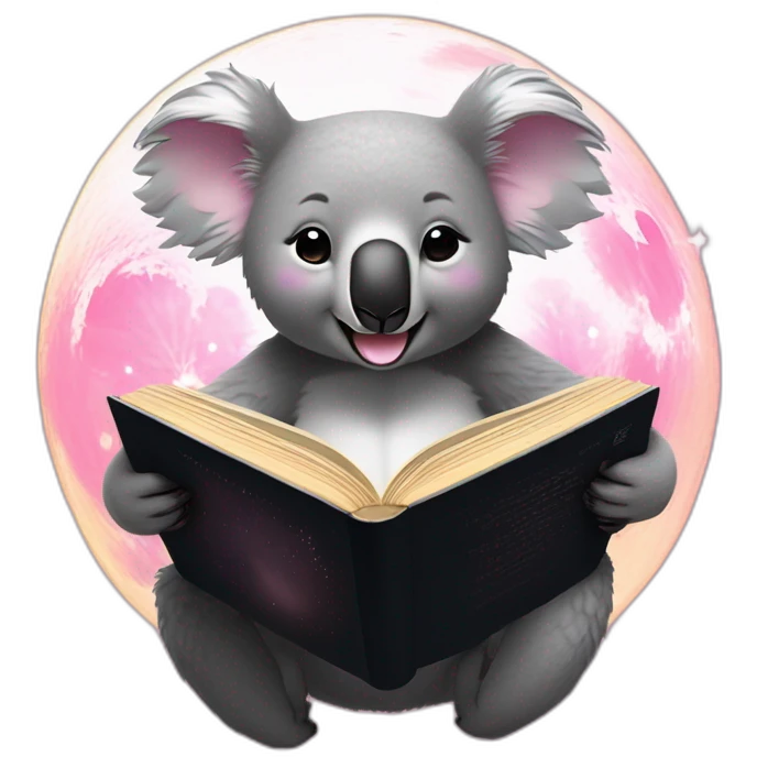 A koala perched on a ethereal glowing crescent moon, with dark black sky, smiling and blushing pink,  reading a book with glowing light on the pages emoji