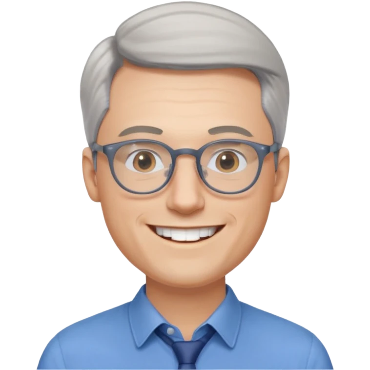 30 yr old pale white man, grey side swept hair, round glasses, big smile, white teeth, handsome, longer hair, thin glasses, blue dress shirt emoji