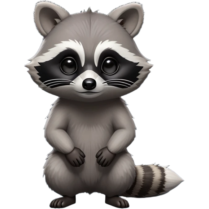 Cinematic-cute Raccoon-Realistic-hunched Full-Body on all fours-Emoji – Tail flicking lazily, head tilted dramatically, thick grey fur with a signature black mask, sharp and alert ears, simplified yet realistic focused features, highly detailed, glowing with an almost sarcastic glow. big black eyes emoji