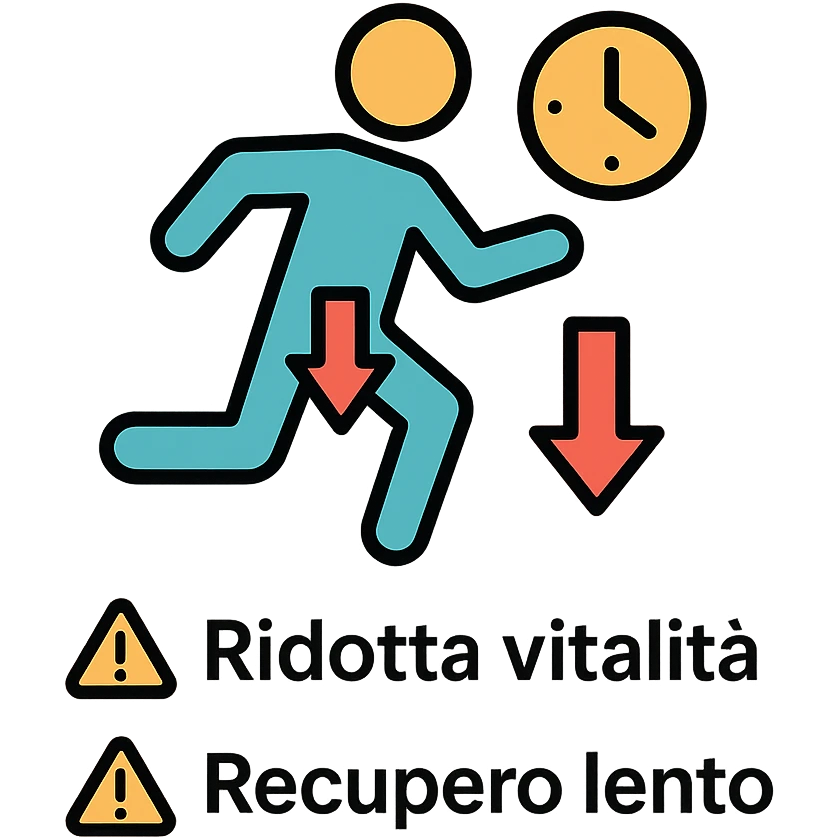 infografica in italiano, figura stilizzata di atleta con simbolo di orologio e freccia verso il basso nella zona pelvica, didascalie Ridotta vitalità e Recupero lento, icone di avviso, sfondo bianco emoji