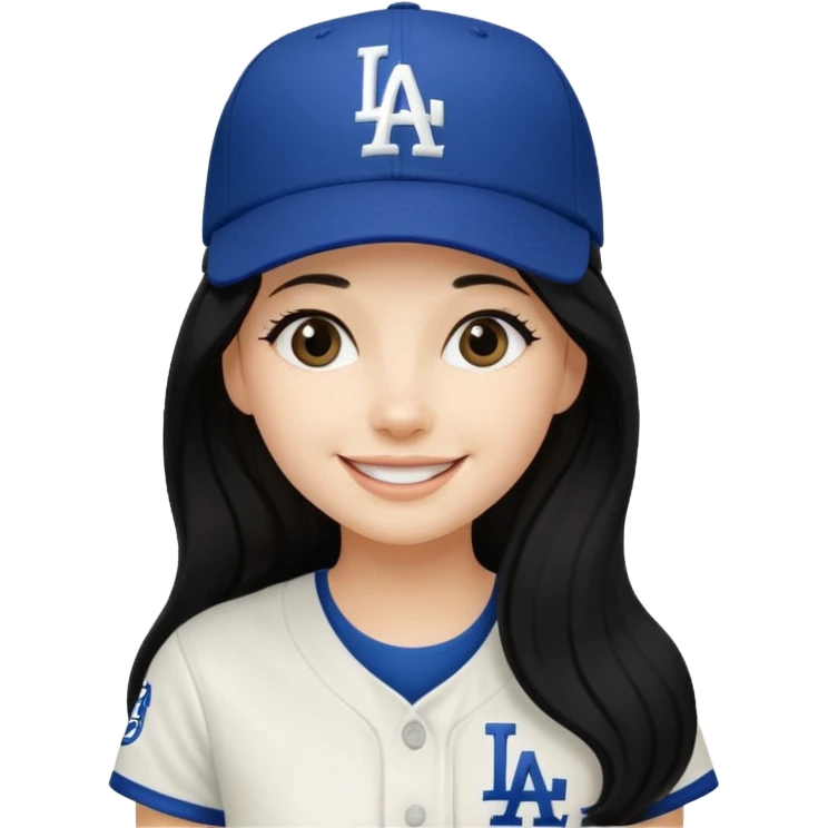 Can you make an emoji of a girl with fair skin with black long hair wearing an LA dodger hat. Only include her face no neck.  emoji