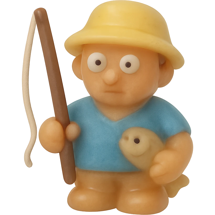Make the fisherman much more transparent and match the exact retro 90's toy style of the previous ocean animal emojis. Use natural colors (tan skin, blue shirt, yellow hat), derpy eyes, no tag, no background. Soft plastic, soft reflections, soft and squishy, some cloudiness, not shiny, highly detailed, appealing. The style should resemble retro 90's soft plastic toy style with soft reflections and cloudiness, not shiny. emoji