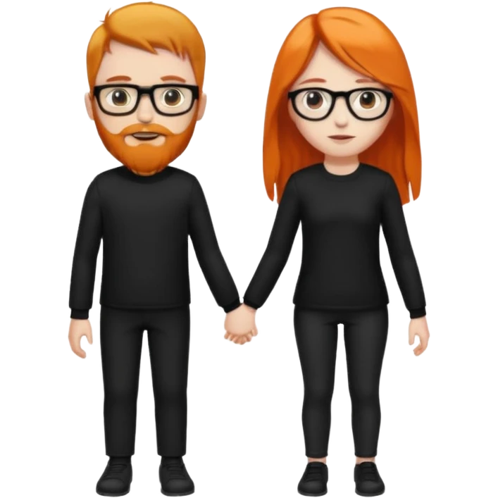 girl with long orange hair wearing no glasses and all black clothes and holding hands with boy with black hair and beard and glasses and pale skin emoji
