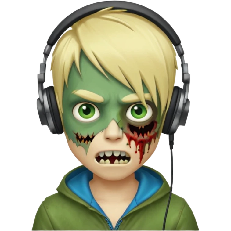boy zombie whit blonde emo hair and eyes blue and GREEN SKIN and heandphones AND A MICROFONE AND GOLD TEETH and agesive face emoji