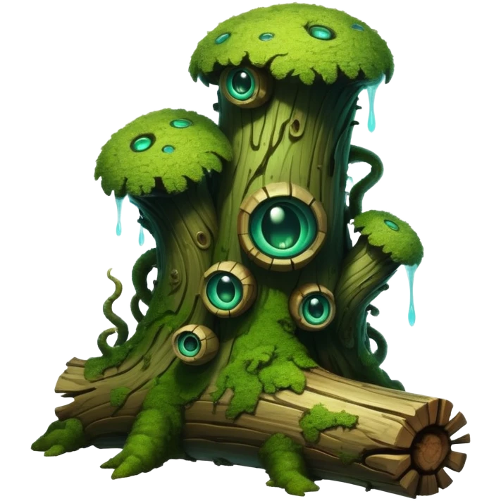 A serpentine creature with a segmented body resembling moss-covered logs, many eyes, featuring bioluminescent fungi growing along its spine that pulse hypnotically when it hunts at night.

 emoji