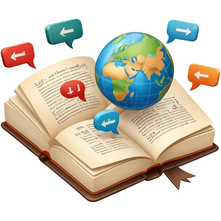 An icon featuring an open book with speech bubbles showing different alphabets—Latin, Cyrillic, Kanji. A globe and translation arrows symbolize global communication and language learning. Transparent background highlights cultural exchange and linguistic diversity. emoji