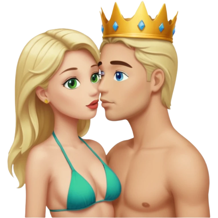 Blonde Queen Green eyes with crown in Bikini kissing Male subject without crown dark Hair blue eyes emoji