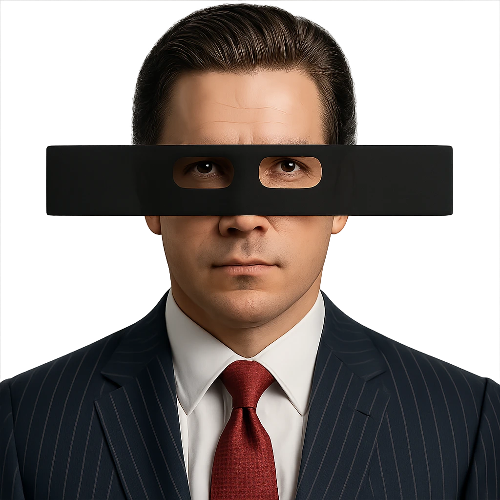 solid man 35-40 years old, dark blue banker suit with white vertical stripes, red textured tie, slicked-back hairstyle like Patrick Bateman, black long rectangular shape covering part of face with eyes visible emoji