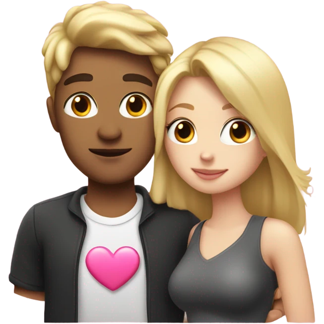 Cute white couple, blonde hair woman and man  dark haired kissing holding a pink heart emoji