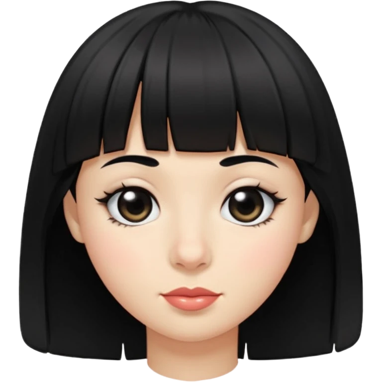 black hair with bangs, small lips, big black eyes, small large nose and dimples emoji