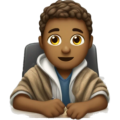 white boy sitting in a school desk with a blanket wrapped around shoulders working on chromebook emoji