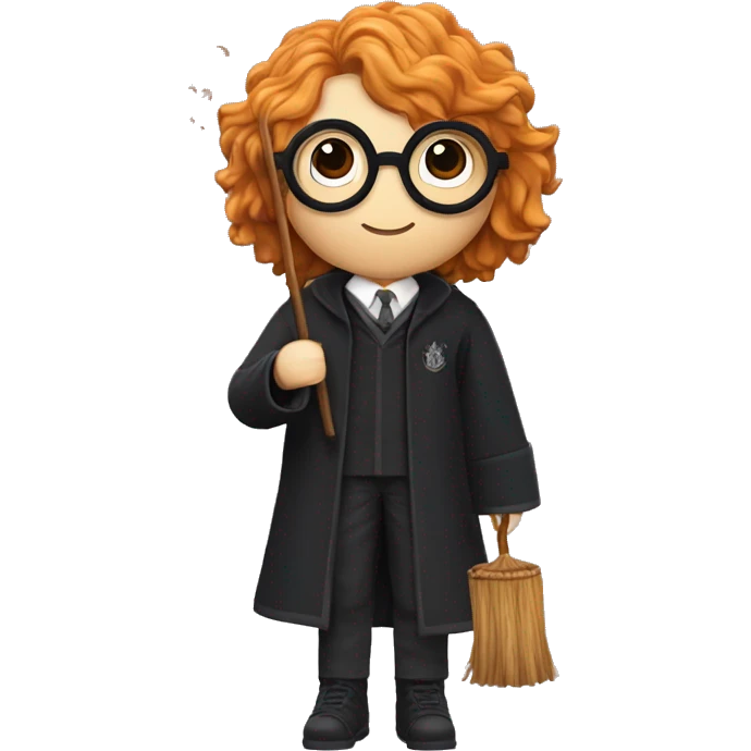 Harry potter avec les cheveux noir ondulé une baguette magique dans la main gauche et un pot de fleur dans la main droite une cicatrice en forme de z sur son front des lunettes ronde  emoji