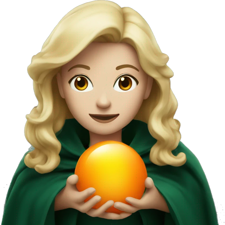 Blonde woman in dark green cloak holding an orange glowing orb emoji
