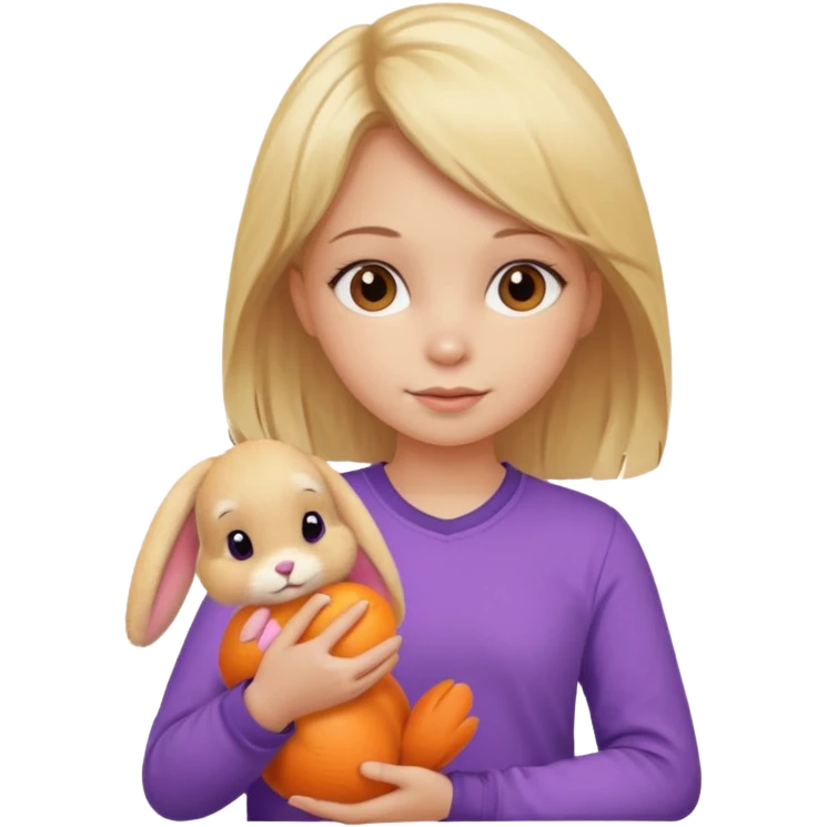 A bunny the color onrghe with a blond hair and a purpole shirt girl holding it emoji