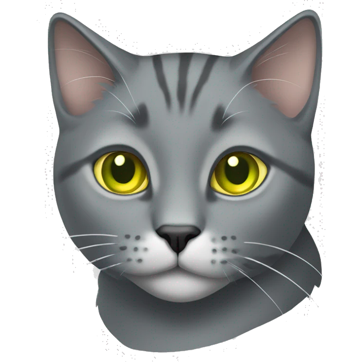 Grey cat with a white speck on its neck with yellow/green eyes emoji