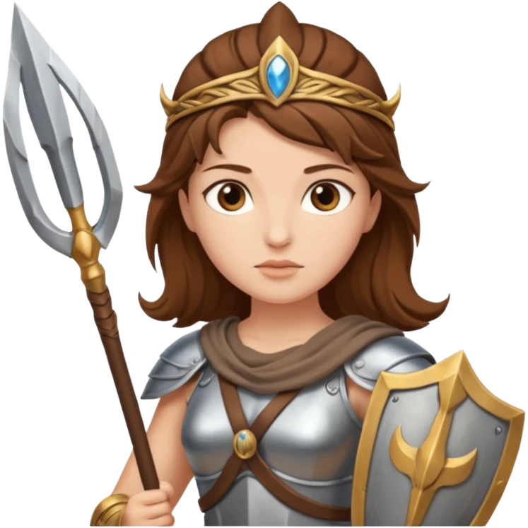 brown haired Athena the Greek goddess of disciplined, strategic warfare, calm, commanding figure leading with intelligence not force. wears light armour carries a spear, symbolising protection precise judgement. strategy, not aggression, embodying clarity, foresight and decisive action. emoji