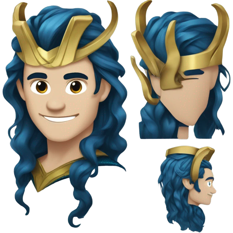 Loki (Tom Hiddleston) from Thor 1, with blue skin, darker blue veins that looks like runes , a horned Gold crown, and medium-length wavy black hair. emoji