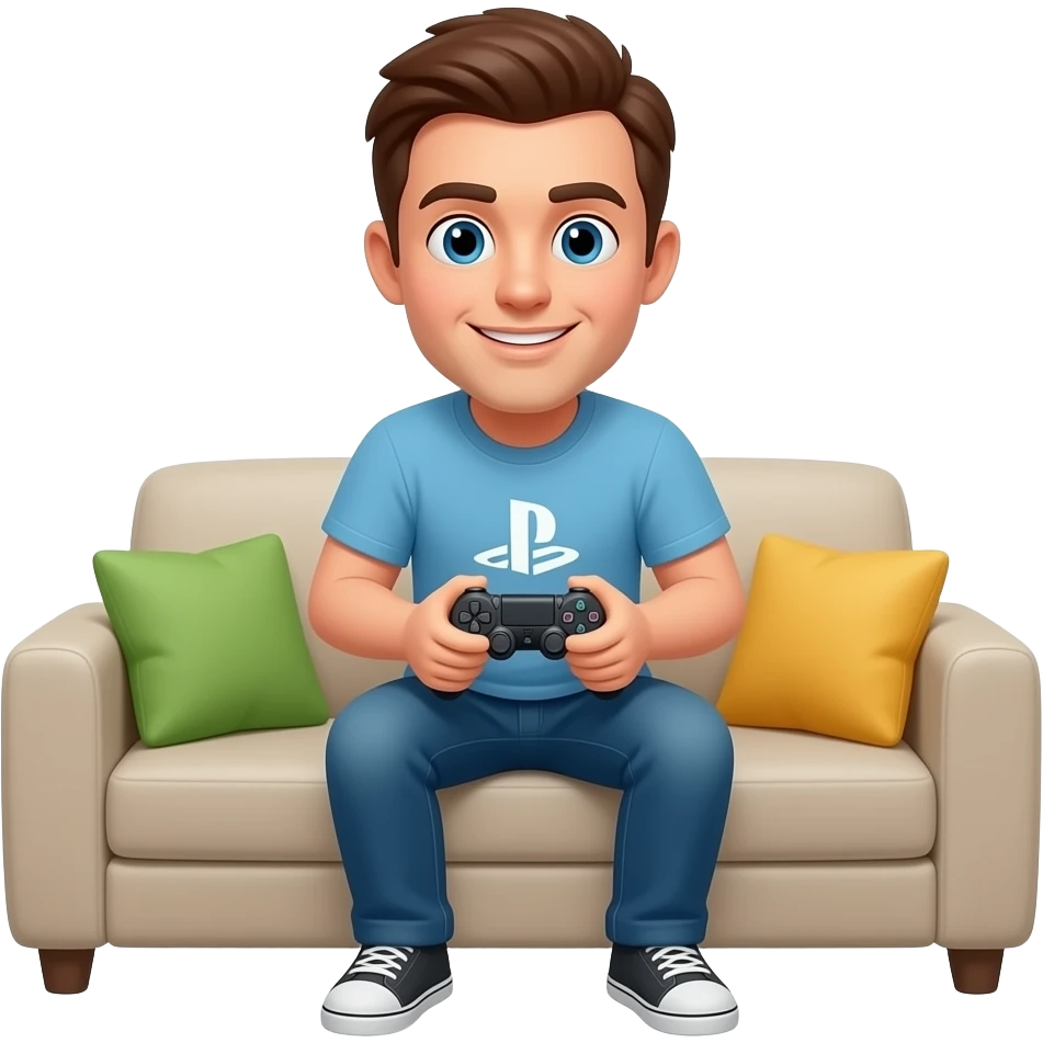 Man in home playing PlayStation emoji