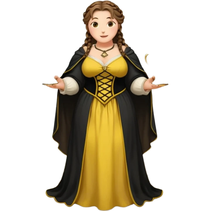 Helga Hufflepuff,brown-haired,2 braids,yellow-black medieval open dress,deep neckline,fat macromastia,black cloak decorated with gold braiding,gold cup with two handles,very kind smile,curvy busty sweet woman,round rosy cheeks,full length with medieval shoes emoji